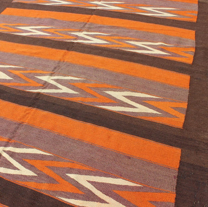 Keivan Woven Arts, H - 1306 - 23, Long Vintage Kilim wide Runner with a Modern Design. This large Gallery vintage Persian Kilim runner in orange, brown, gray - purple, rug h - 1306 - 23, country of origin / type: Iran / Kilim, circa 1960. Featuring a repeatin... - Keivan Woven ArtsH - 1306 - 23 - 4268Rug