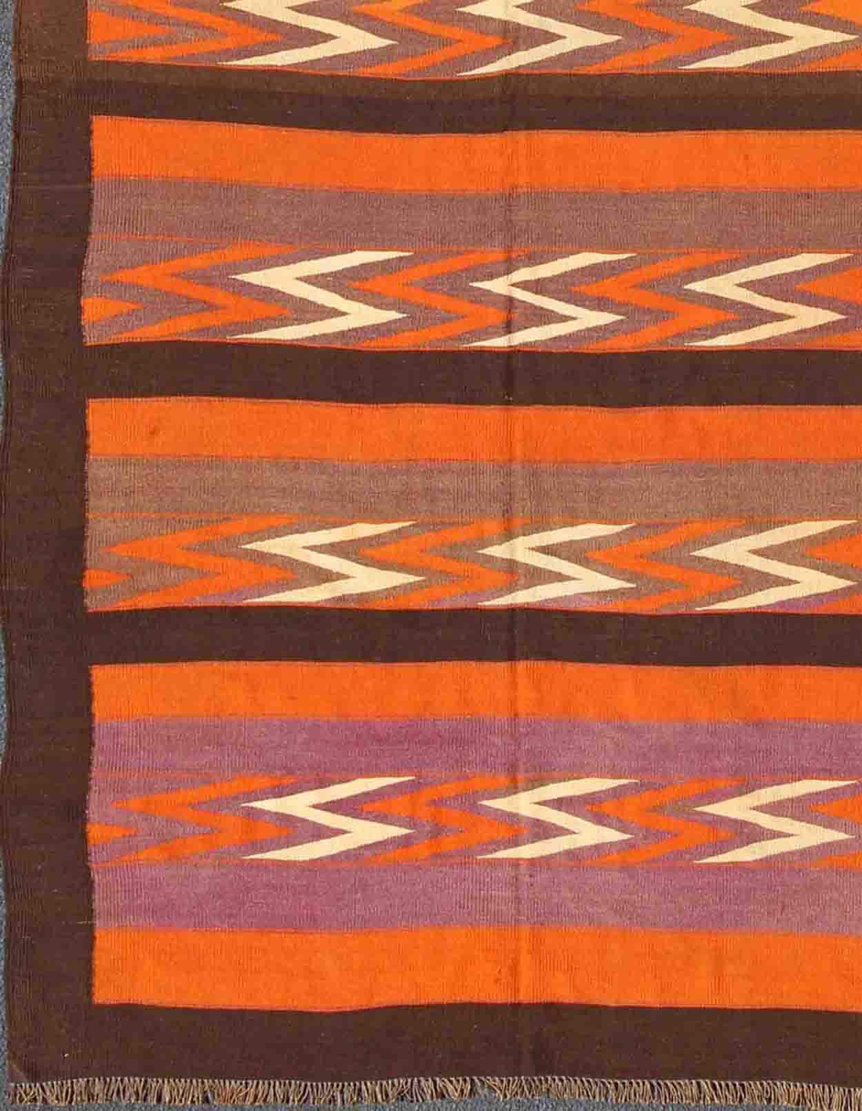 Keivan Woven Arts, H - 1306 - 23, Long Vintage Kilim wide Runner with a Modern Design. This large Gallery vintage Persian Kilim runner in orange, brown, gray - purple, rug h - 1306 - 23, country of origin / type: Iran / Kilim, circa 1960. Featuring a repeatin... - Keivan Woven ArtsH - 1306 - 23 - 4268Rug