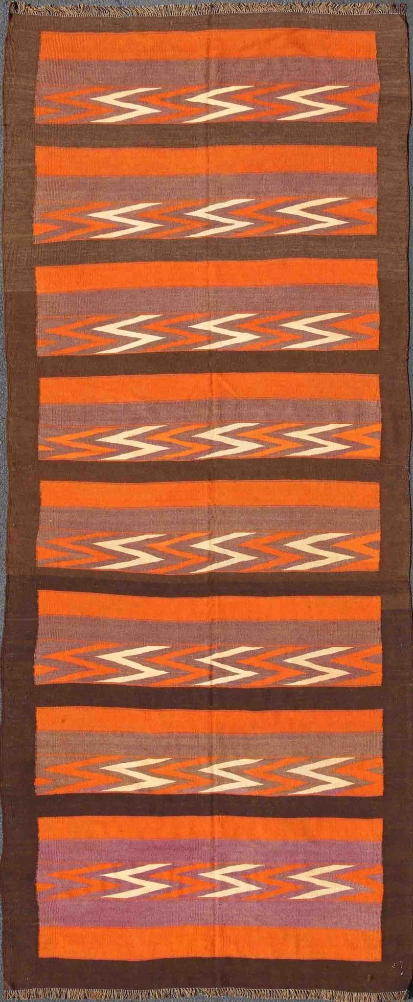 Keivan Woven Arts, H - 1306 - 23, Long Vintage Kilim wide Runner with a Modern Design. This large Gallery vintage Persian Kilim runner in orange, brown, gray - purple, rug h - 1306 - 23, country of origin / type: Iran / Kilim, circa 1960. Featuring a repeatin... - Keivan Woven ArtsH - 1306 - 23 - 4268Rug
