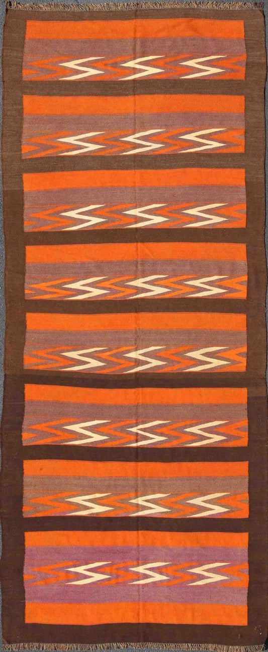 Keivan Woven Arts, H - 1306 - 23, Long Vintage Kilim wide Runner with a Modern Design. This large Gallery vintage Persian Kilim runner in orange, brown, gray - purple, rug h - 1306 - 23, country of origin / type: Iran / Kilim, circa 1960. Featuring a repeatin... - Keivan Woven ArtsH - 1306 - 23 - 4268Rug