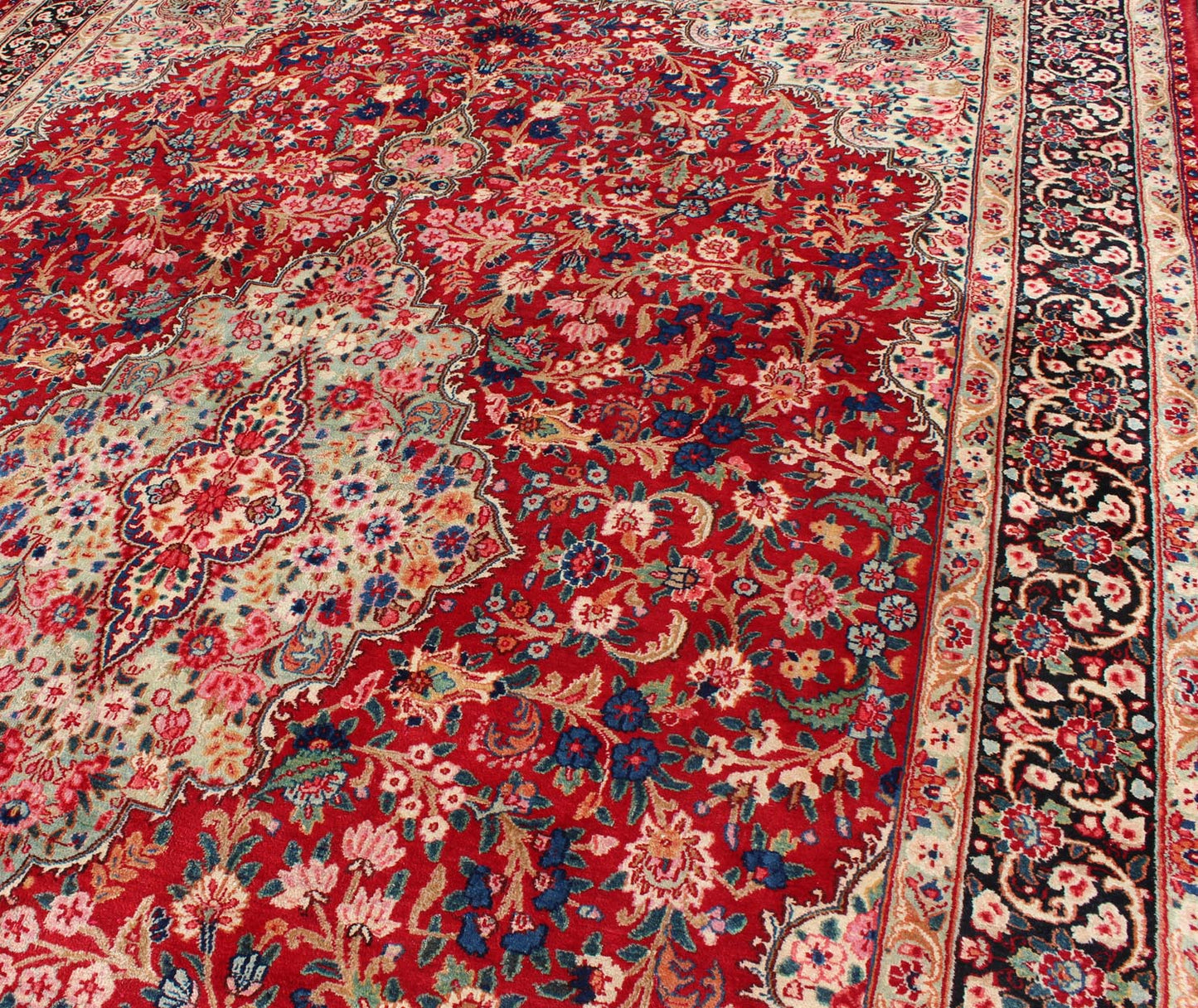Vintage Persian Mashad rug with ornate floral medallion design in red, cream, and onyx, Keivan Woven Arts / rug H - 401 - 9, country of origin / type: Iran / Mashad, circa 1950 This highly decorative and elaborate vintage Persian Mashad carpet featu... - Keivan Woven ArtsH - 401 - 9 - 257Rug