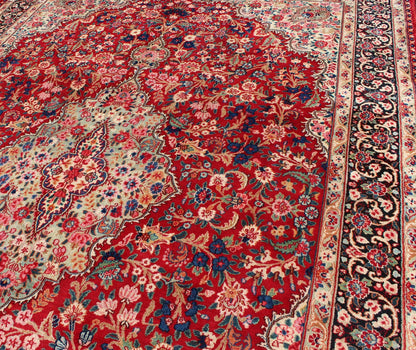 Vintage Persian Mashad rug with ornate floral medallion design in red, cream, and onyx, Keivan Woven Arts / rug H - 401 - 9, country of origin / type: Iran / Mashad, circa 1950 This highly decorative and elaborate vintage Persian Mashad carpet featu... - Keivan Woven ArtsH - 401 - 9 - 257Rug