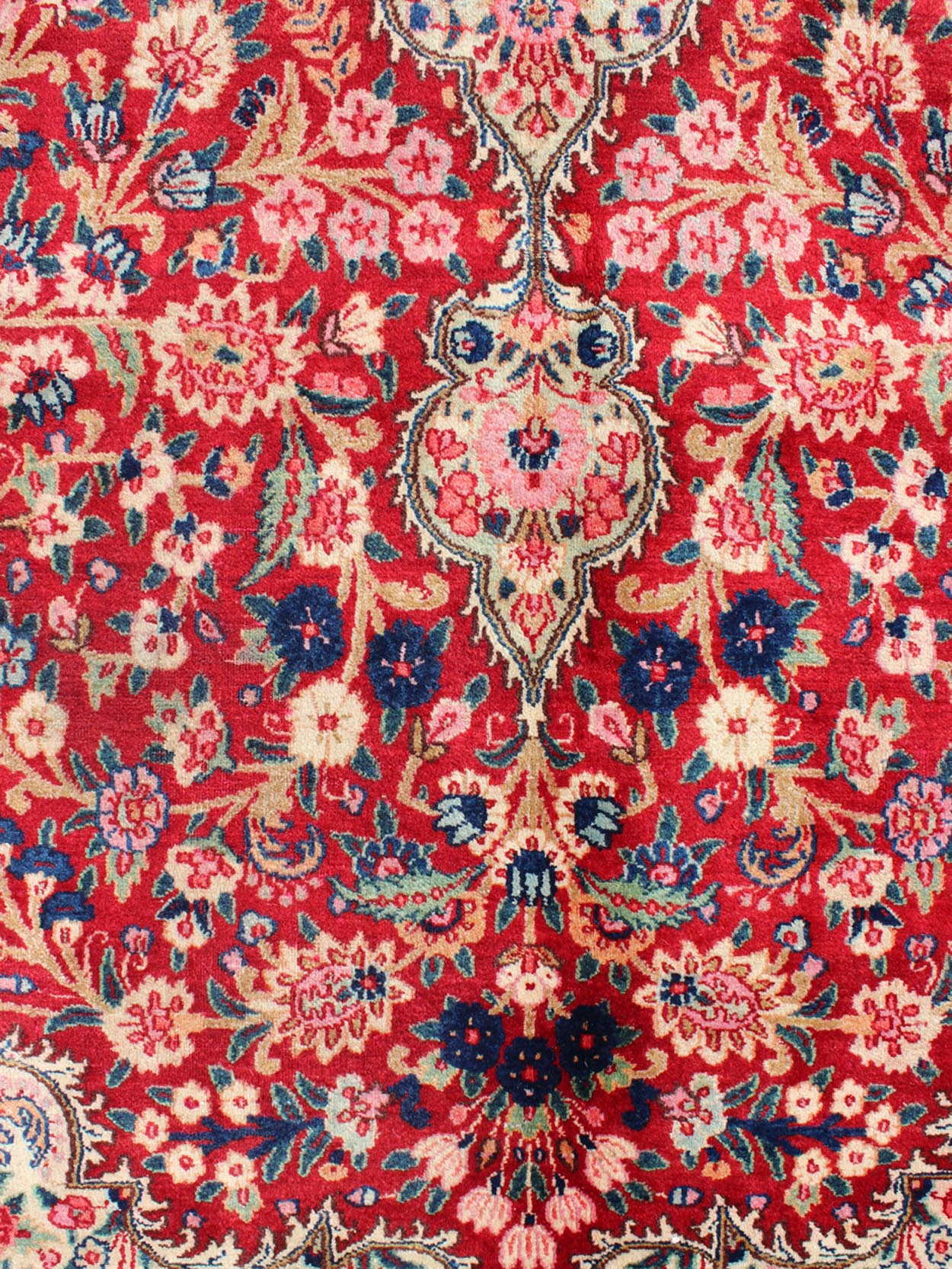 Vintage Persian Mashad rug with ornate floral medallion design in red, cream, and onyx, Keivan Woven Arts / rug H - 401 - 9, country of origin / type: Iran / Mashad, circa 1950 This highly decorative and elaborate vintage Persian Mashad carpet featu... - Keivan Woven ArtsH - 401 - 9 - 257Rug