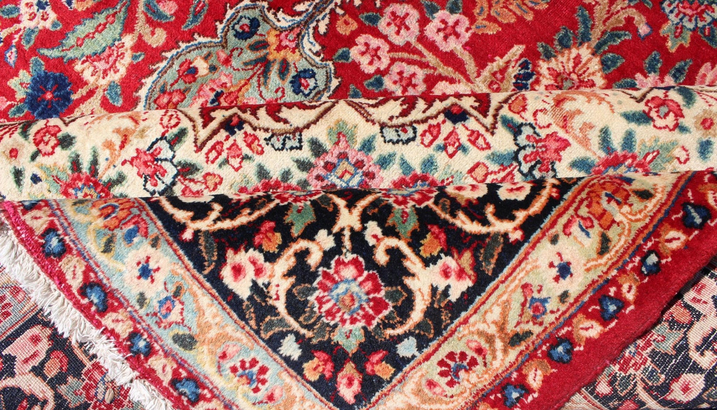 Vintage Persian Mashad rug with ornate floral medallion design in red, cream, and onyx, Keivan Woven Arts / rug H - 401 - 9, country of origin / type: Iran / Mashad, circa 1950 This highly decorative and elaborate vintage Persian Mashad carpet featu... - Keivan Woven ArtsH - 401 - 9 - 257Rug