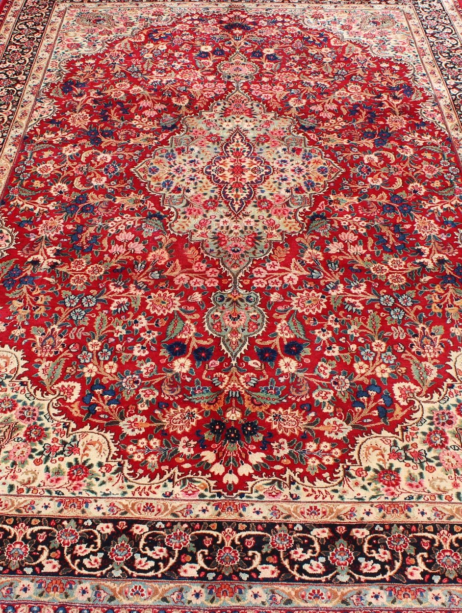 Vintage Persian Mashad rug with ornate floral medallion design in red, cream, and onyx, Keivan Woven Arts / rug H - 401 - 9, country of origin / type: Iran / Mashad, circa 1950 This highly decorative and elaborate vintage Persian Mashad carpet featu... - Keivan Woven ArtsH - 401 - 9 - 257Rug