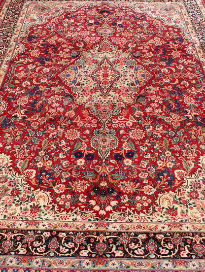 Vintage Persian Mashad rug with ornate floral medallion design in red, cream, and onyx, Keivan Woven Arts / rug H - 401 - 9, country of origin / type: Iran / Mashad, circa 1950 This highly decorative and elaborate vintage Persian Mashad carpet featu... - Keivan Woven ArtsH - 401 - 9 - 257Rug