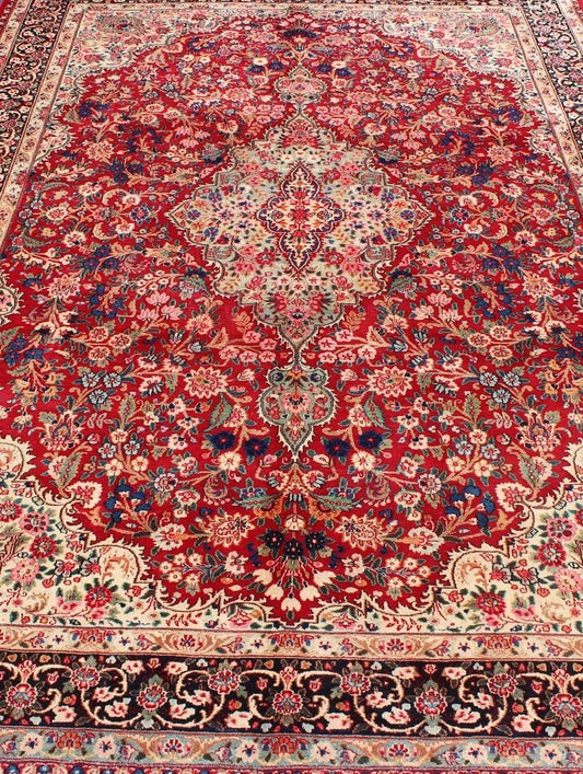 Vintage Persian Mashad rug with ornate floral medallion design in red, cream, and onyx, Keivan Woven Arts / rug H - 401 - 9, country of origin / type: Iran / Mashad, circa 1950 This highly decorative and elaborate vintage Persian Mashad carpet featu... - Keivan Woven ArtsH - 401 - 9 - 257Rug