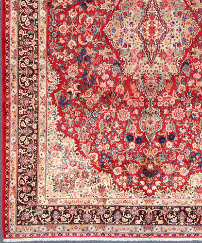 Vintage Persian Mashad rug with ornate floral medallion design in red, cream, and onyx, Keivan Woven Arts / rug H - 401 - 9, country of origin / type: Iran / Mashad, circa 1950 This highly decorative and elaborate vintage Persian Mashad carpet featu... - Keivan Woven ArtsH - 401 - 9 - 257Rug