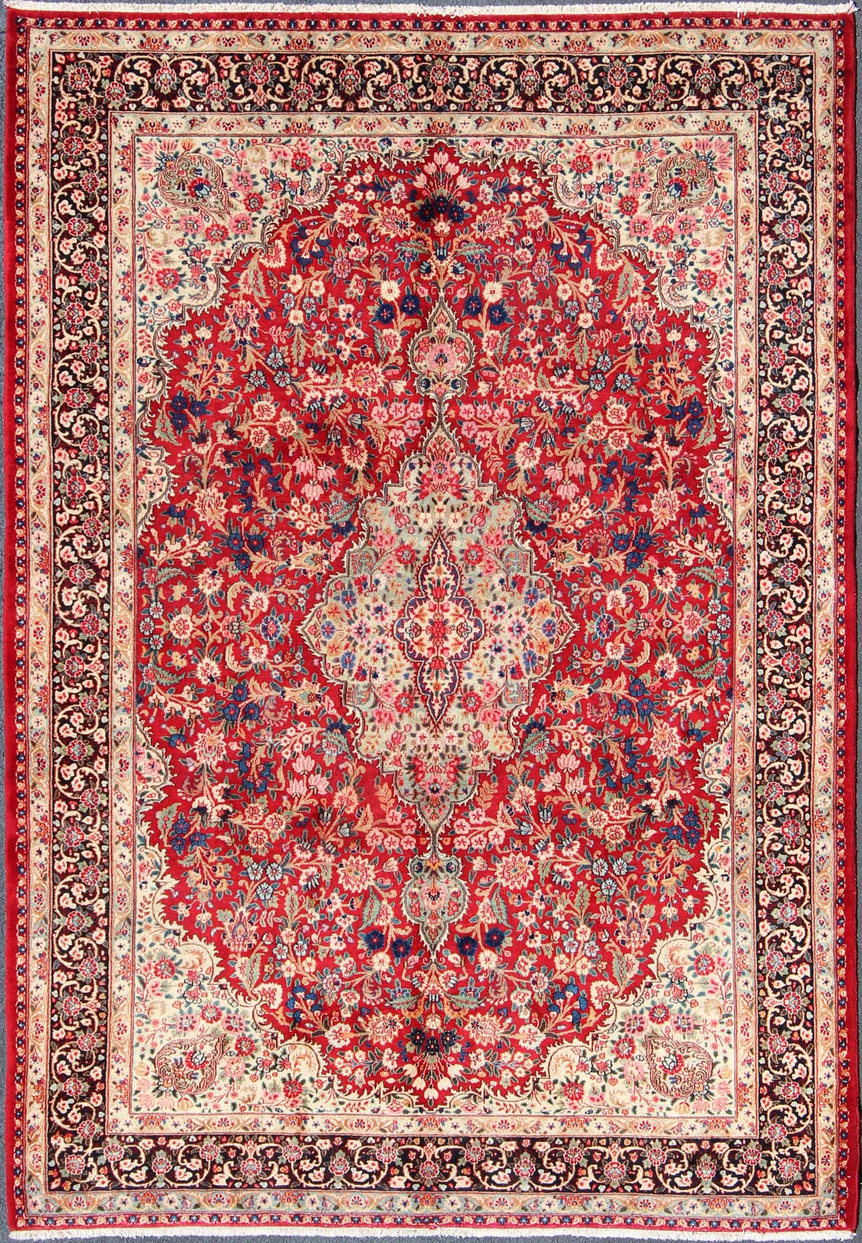 Vintage Persian Mashad rug with ornate floral medallion design in red, cream, and onyx, Keivan Woven Arts / rug H - 401 - 9, country of origin / type: Iran / Mashad, circa 1950 This highly decorative and elaborate vintage Persian Mashad carpet featu... - Keivan Woven ArtsH - 401 - 9 - 257Rug