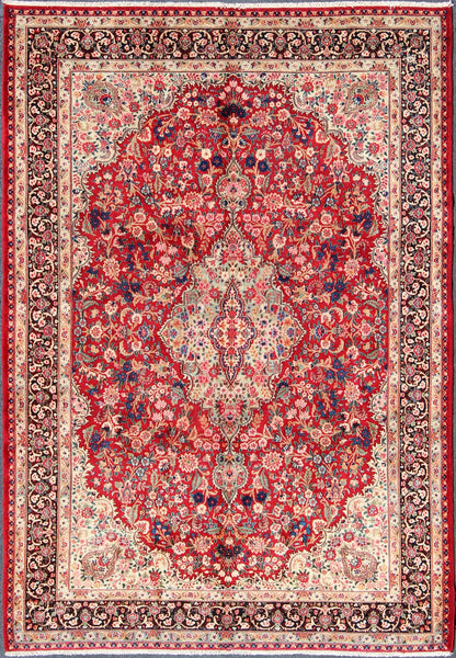 Vintage Persian Mashad rug with ornate floral medallion design in red, cream, and onyx, Keivan Woven Arts / rug H - 401 - 9, country of origin / type: Iran / Mashad, circa 1950 This highly decorative and elaborate vintage Persian Mashad carpet featu... - Keivan Woven ArtsH - 401 - 9 - 257Rug