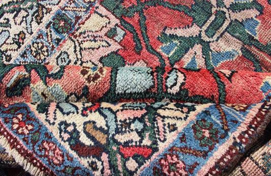 Antique Persian Bidjar Rug with Large Floral Motifs in Soft Red, Green & Blue. Soft Red background antique Persian Bidjar rug with floral motifs, rug H - 411 - 12, country of origin / type: Iran / Tabriz, circa 1900 This antique Persian Bidjar ca... - Keivan Woven ArtsH - 411 - 12 - 1251Rug