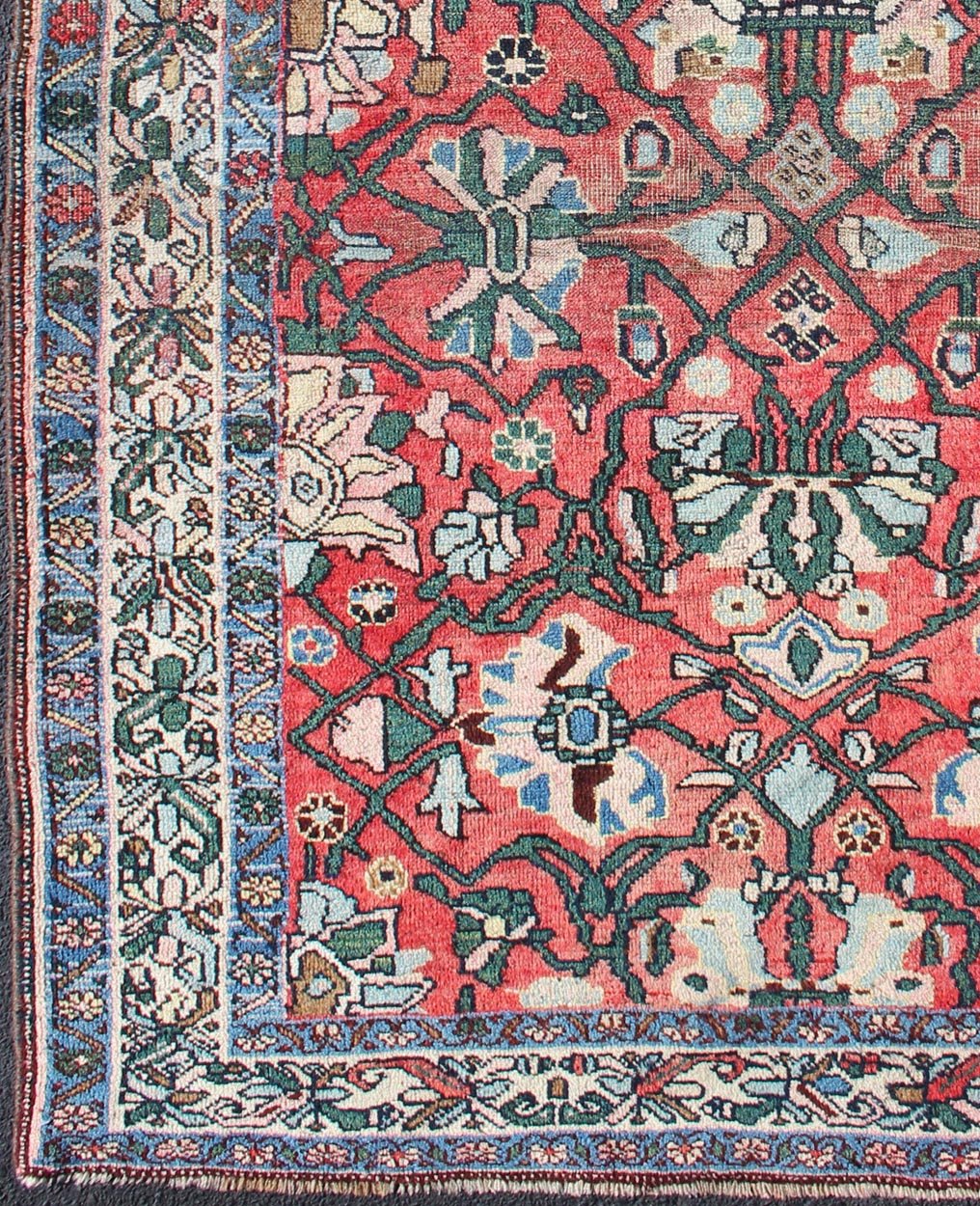 Antique Persian Bidjar Rug with Large Floral Motifs in Soft Red, Green & Blue. Soft Red background antique Persian Bidjar rug with floral motifs, rug H - 411 - 12, country of origin / type: Iran / Tabriz, circa 1900 This antique Persian Bidjar ca... - Keivan Woven ArtsH - 411 - 12 - 1251Rug