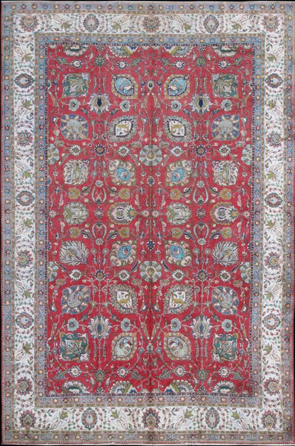 Large Vintage Persian Tabriz Rug with All - Over Design in Reds and Ivory. Soft red background, ivory and blue, Tabriz rug from Persia with Repeating Geometric design, rug H - 411 - 63, country of origin / type: Iran / Tabriz, circa 1950 This ... - Keivan Woven ArtsH - 411 - 63 - 1173Rug