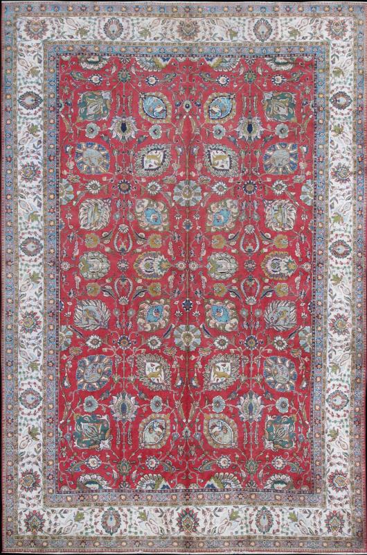 Large Vintage Persian Tabriz Rug with All - Over Design in Reds and Ivory. Soft red background, ivory and blue, Tabriz rug from Persia with Repeating Geometric design, rug H - 411 - 63, country of origin / type: Iran / Tabriz, circa 1950 This ... - Keivan Woven ArtsH - 411 - 63 - 1173Rug