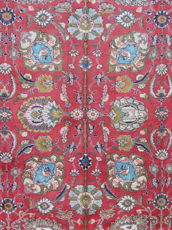 Large Vintage Persian Tabriz Rug with All - Over Design in Reds and Ivory. Soft red background, ivory and blue, Tabriz rug from Persia with Repeating Geometric design, rug H - 411 - 63, country of origin / type: Iran / Tabriz, circa 1950 This ... - Keivan Woven ArtsH - 411 - 63 - 1173Rug
