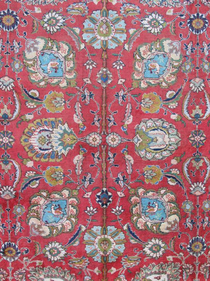 Large Vintage Persian Tabriz Rug with All - Over Design in Reds and Ivory. Soft red background, ivory and blue, Tabriz rug from Persia with Repeating Geometric design, rug H - 411 - 63, country of origin / type: Iran / Tabriz, circa 1950 This ... - Keivan Woven ArtsH - 411 - 63 - 1173Rug