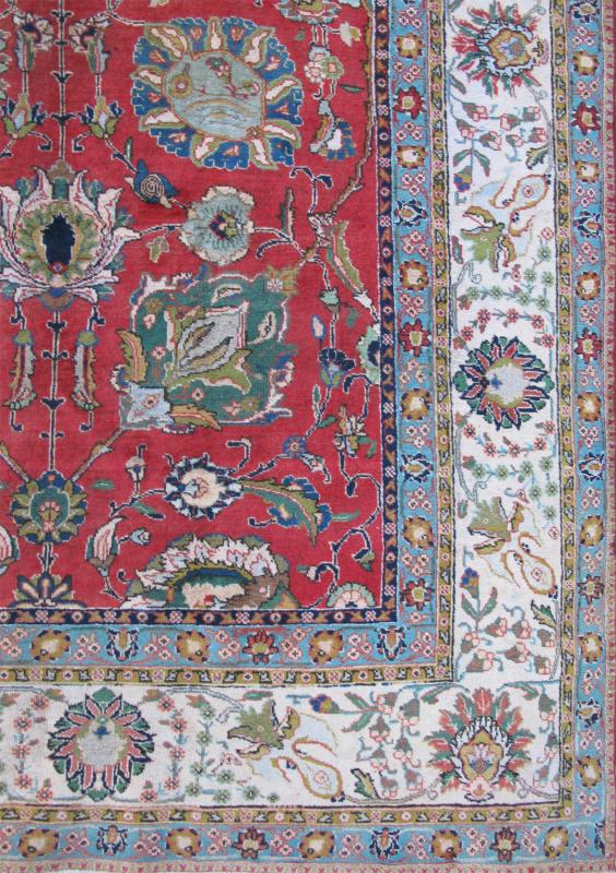 Large Vintage Persian Tabriz Rug with All - Over Design in Reds and Ivory. Soft red background, ivory and blue, Tabriz rug from Persia with Repeating Geometric design, rug H - 411 - 63, country of origin / type: Iran / Tabriz, circa 1950 This ... - Keivan Woven ArtsH - 411 - 63 - 1173Rug