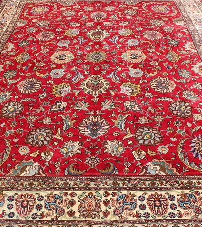 Semi Antique Persian Tabriz Rug with All - Over Blossom Design In Red and Ivory. Keivan Woven Arts / rug H - 411 - 83, country of origin / type: Iran / Tabriz, circa 1960 Measures: 9'6 x 13'1. This Semi Antique Persian Tabriz carpet (circa mid - 20th ce... - Keivan Woven ArtsH - 411 - 83 - 1207Rug