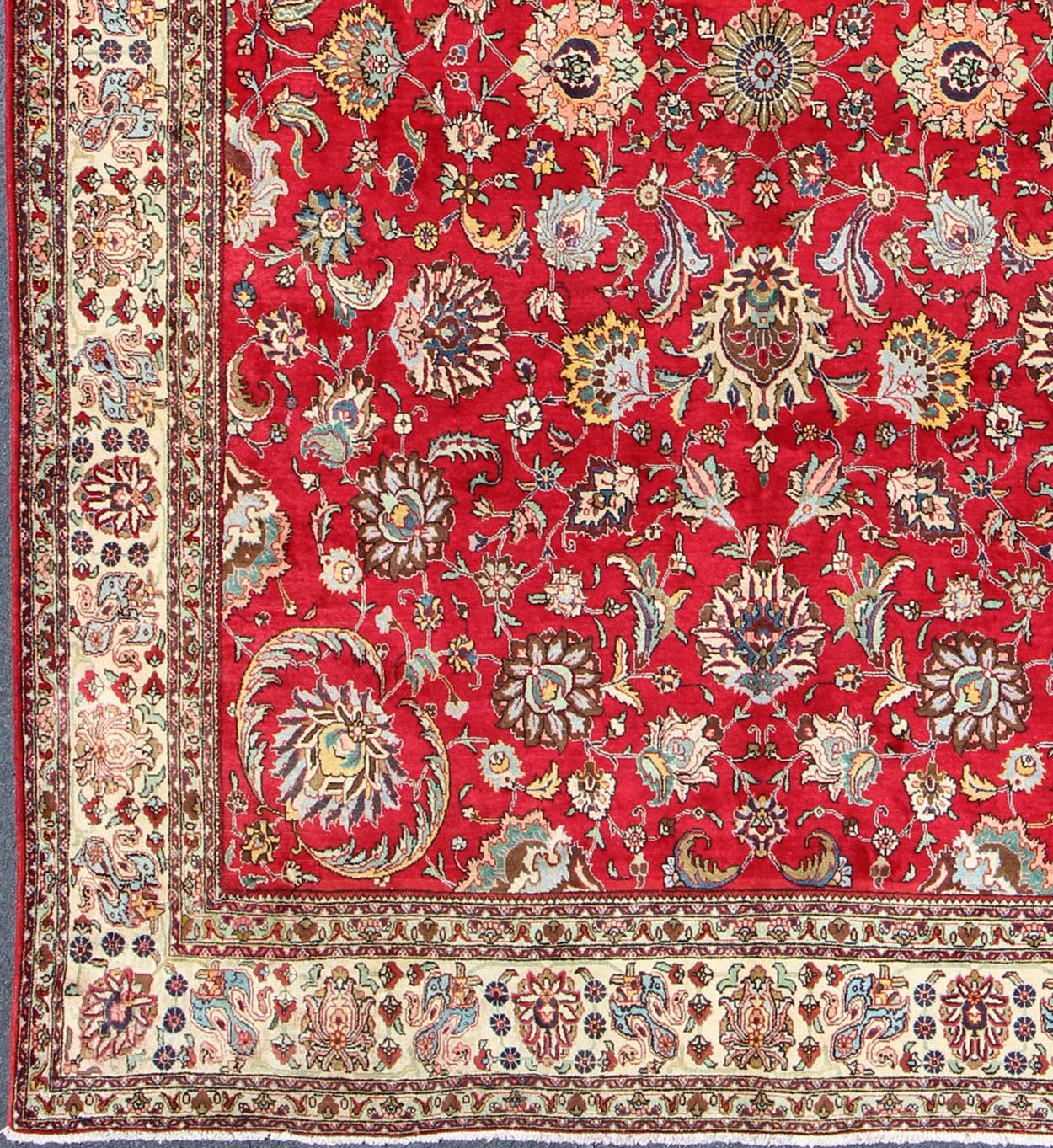 Semi Antique Persian Tabriz Rug with All - Over Blossom Design In Red and Ivory. Keivan Woven Arts / rug H - 411 - 83, country of origin / type: Iran / Tabriz, circa 1960 Measures: 9'6 x 13'1. This Semi Antique Persian Tabriz carpet (circa mid - 20th ce... - Keivan Woven ArtsH - 411 - 83 - 1207Rug