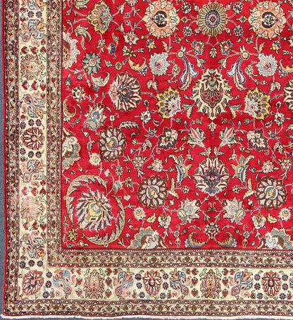 Semi Antique Persian Tabriz Rug with All - Over Blossom Design In Red and Ivory. Keivan Woven Arts / rug H - 411 - 83, country of origin / type: Iran / Tabriz, circa 1960 Measures: 9'6 x 13'1. This Semi Antique Persian Tabriz carpet (circa mid - 20th ce... - Keivan Woven ArtsH - 411 - 83 - 1207Rug