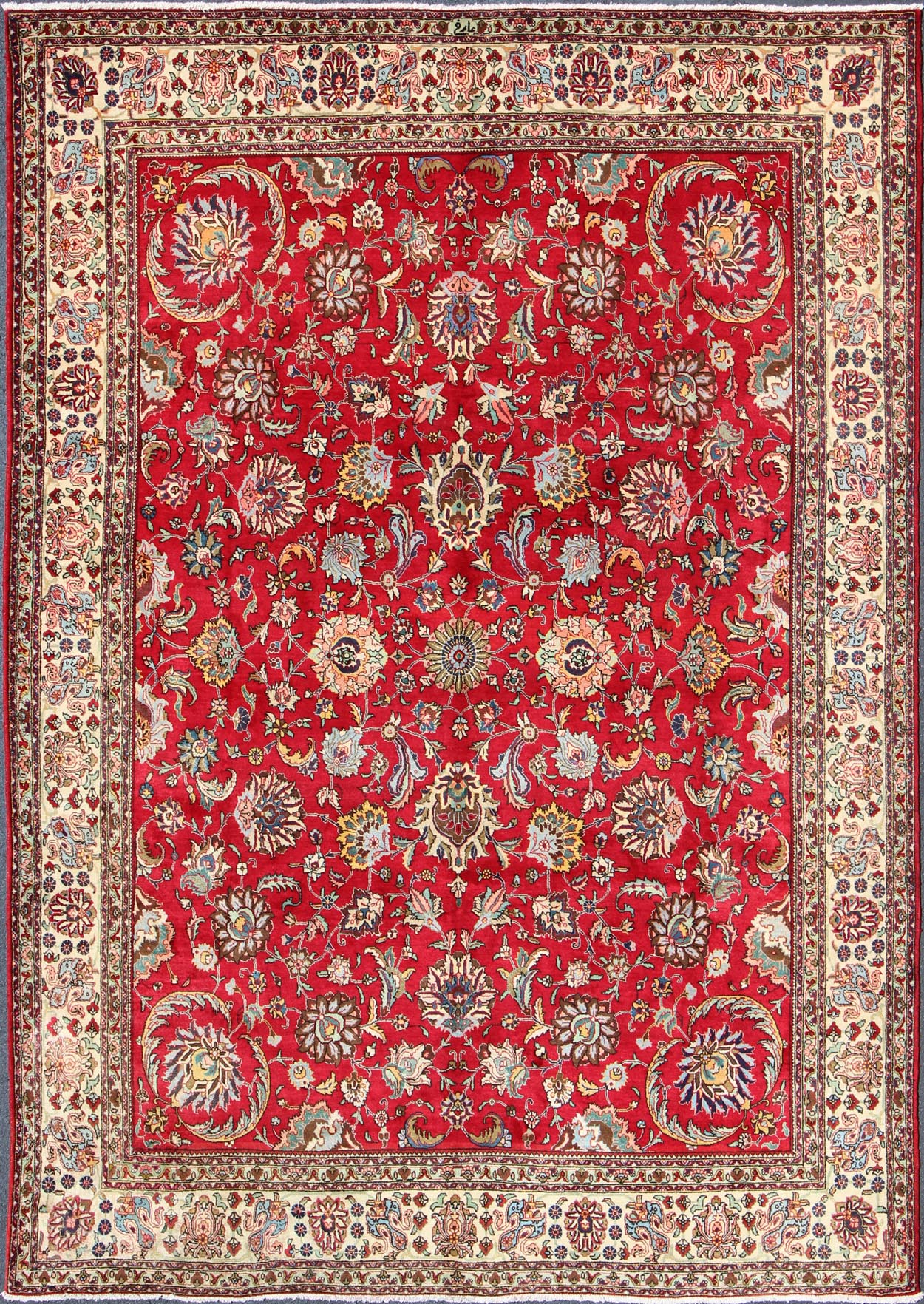 Semi Antique Persian Tabriz Rug with All - Over Blossom Design In Red and Ivory. Keivan Woven Arts / rug H - 411 - 83, country of origin / type: Iran / Tabriz, circa 1960 Measures: 9'6 x 13'1. This Semi Antique Persian Tabriz carpet (circa mid - 20th ce... - Keivan Woven ArtsH - 411 - 83 - 1207Rug
