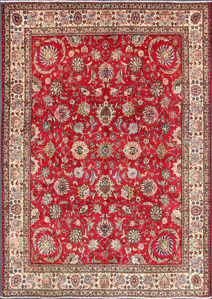 Semi Antique Persian Tabriz Rug with All - Over Blossom Design In Red and Ivory. Keivan Woven Arts / rug H - 411 - 83, country of origin / type: Iran / Tabriz, circa 1960 Measures: 9'6 x 13'1. This Semi Antique Persian Tabriz carpet (circa mid - 20th ce... - Keivan Woven ArtsH - 411 - 83 - 1207Rug
