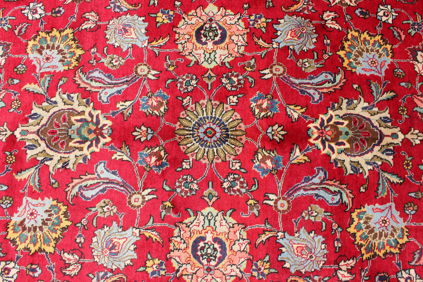 Semi Antique Persian Tabriz Rug with All - Over Blossom Design In Red and Ivory. Keivan Woven Arts / rug H - 411 - 83, country of origin / type: Iran / Tabriz, circa 1960 Measures: 9'6 x 13'1. This Semi Antique Persian Tabriz carpet (circa mid - 20th ce... - Keivan Woven ArtsH - 411 - 83 - 1207Rug