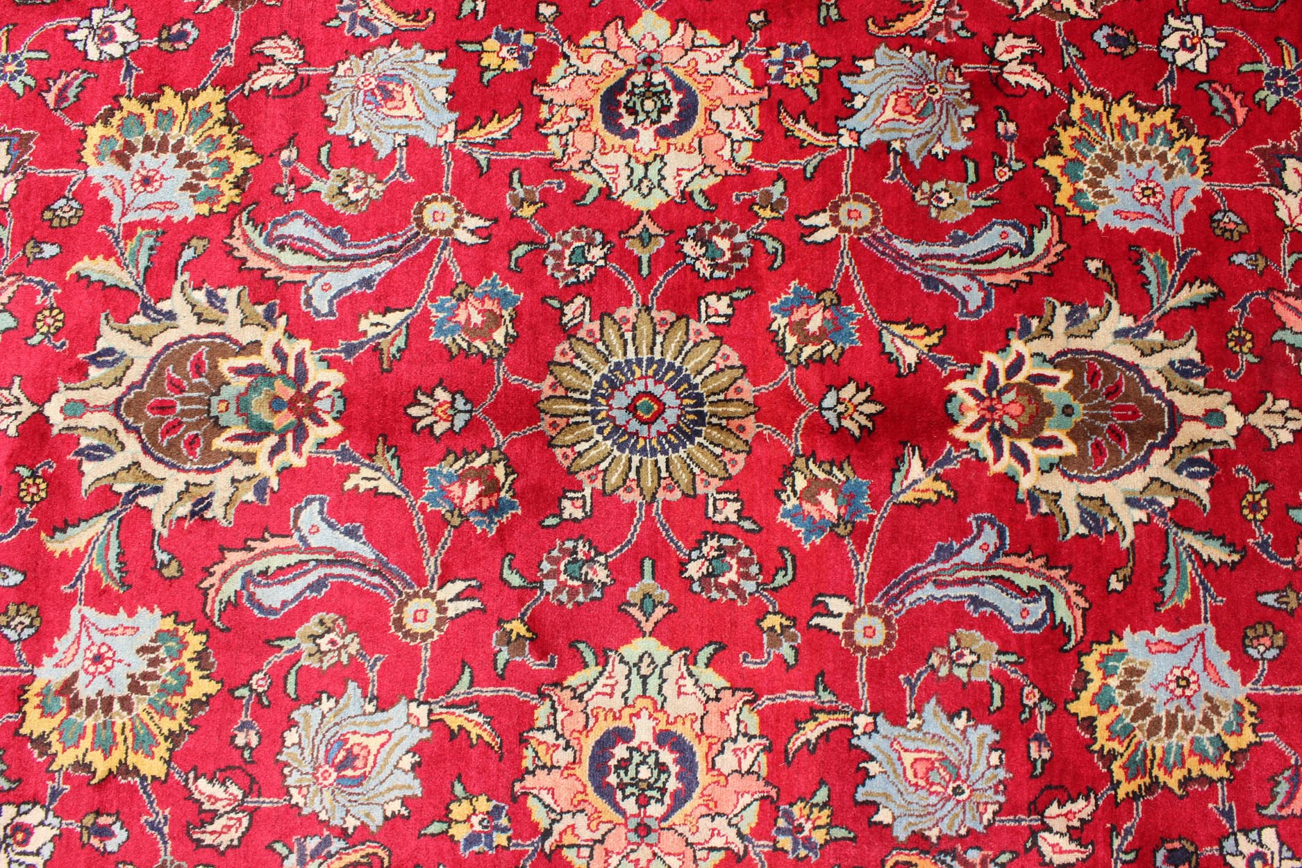 Semi Antique Persian Tabriz Rug with All - Over Blossom Design In Red and Ivory. Keivan Woven Arts / rug H - 411 - 83, country of origin / type: Iran / Tabriz, circa 1960 Measures: 9'6 x 13'1. This Semi Antique Persian Tabriz carpet (circa mid - 20th ce... - Keivan Woven ArtsH - 411 - 83 - 1207Rug