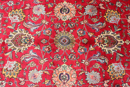 Semi Antique Persian Tabriz Rug with All - Over Blossom Design In Red and Ivory. Keivan Woven Arts / rug H - 411 - 83, country of origin / type: Iran / Tabriz, circa 1960 Measures: 9'6 x 13'1. This Semi Antique Persian Tabriz carpet (circa mid - 20th ce... - Keivan Woven ArtsH - 411 - 83 - 1207Rug