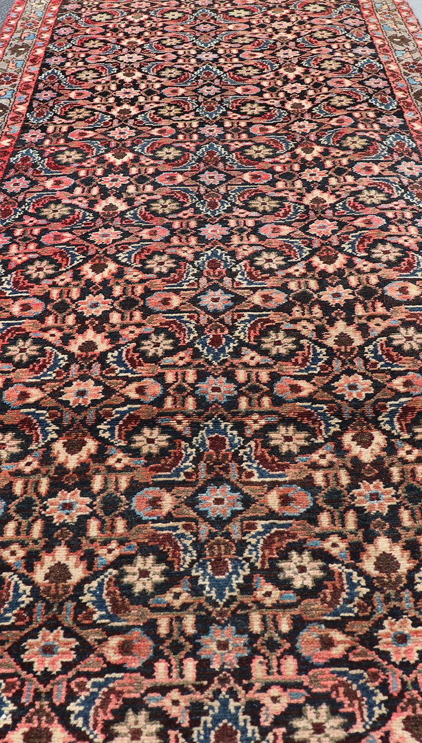 Antique Malayer runner with Dark Blue, Brown, Black, Khaki, Red, Green & Yellow, Sub - geometric repeating geometric design Antique Malayer runner with Dark Blue, Brown, Black and Beige along with red, Khaki, teal, soft orange, yellow, cream and light... - Keivan Woven ArtsH - 501 - 4 - 1342Rug