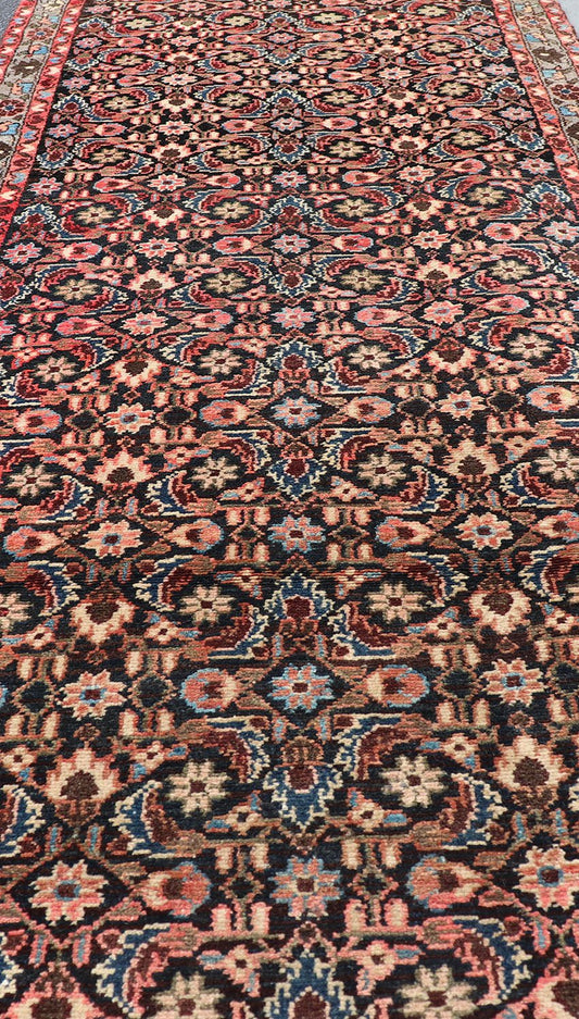Antique Malayer runner with Dark Blue, Brown, Black, Khaki, Red, Green & Yellow, Sub - geometric repeating geometric design Antique Malayer runner with Dark Blue, Brown, Black and Beige along with red, Khaki, teal, soft orange, yellow, cream and light... - Keivan Woven ArtsH - 501 - 4 - 1342Rug