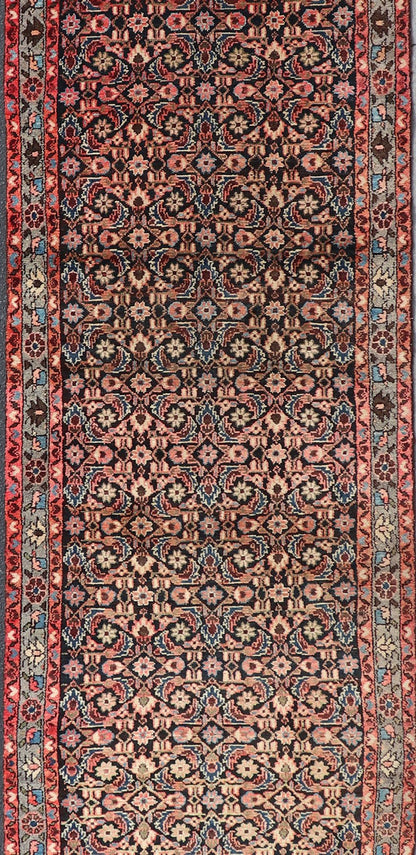 Antique Malayer runner with Dark Blue, Brown, Black, Khaki, Red, Green & Yellow, Sub - geometric repeating geometric design Antique Malayer runner with Dark Blue, Brown, Black and Beige along with red, Khaki, teal, soft orange, yellow, cream and light... - Keivan Woven ArtsH - 501 - 4 - 1342Rug
