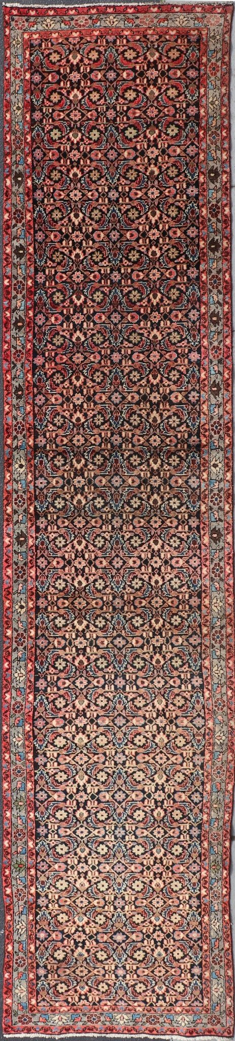 Antique Malayer runner with Dark Blue, Brown, Black, Khaki, Red, Green & Yellow, Sub - geometric repeating geometric design Antique Malayer runner with Dark Blue, Brown, Black and Beige along with red, Khaki, teal, soft orange, yellow, cream and light... - Keivan Woven ArtsH - 501 - 4 - 1342Rug