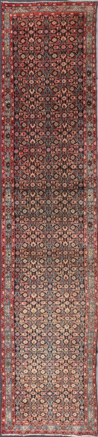 Antique Malayer runner with Dark Blue, Brown, Black, Khaki, Red, Green & Yellow, Sub - geometric repeating geometric design Antique Malayer runner with Dark Blue, Brown, Black and Beige along with red, Khaki, teal, soft orange, yellow, cream and light... - Keivan Woven ArtsH - 501 - 4 - 1342Rug