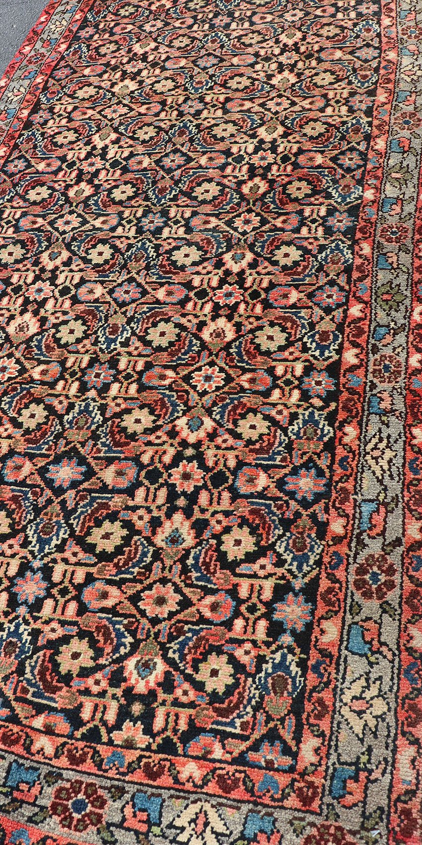 Antique Malayer runner with Dark Blue, Brown, Black, Khaki, Red, Green & Yellow, Sub - geometric repeating geometric design Antique Malayer runner with Dark Blue, Brown, Black and Beige along with red, Khaki, teal, soft orange, yellow, cream and light... - Keivan Woven ArtsH - 501 - 4 - 1342Rug