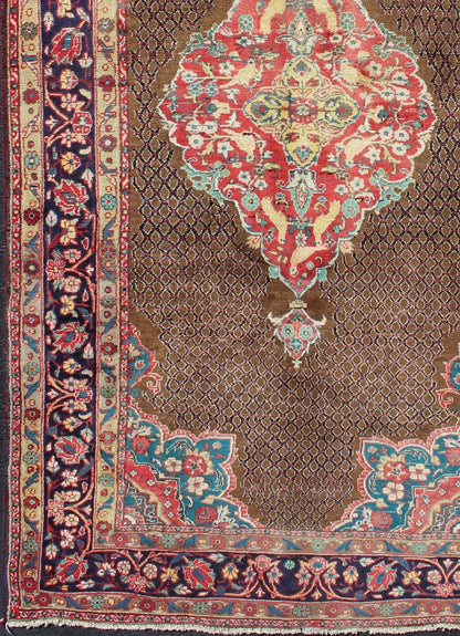 Camel Hair Vintage Persian Serab Rug in Brown, Red, Turquoise and Dark Blue Vintage Serab Persian Rug with Lattice Medallion, rug H - 501 - 48, country of origin / type: Persian / Serab, circa Mid - 20th Century. Measures: 4'10'' x 10'1''. ... - Keivan Woven ArtsH - 501 - 48 - 1237Rug