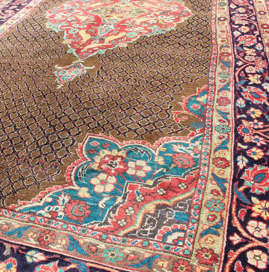 Camel Hair Vintage Persian Serab Rug in Brown, Red, Turquoise and Dark Blue Vintage Serab Persian Rug with Lattice Medallion, rug H - 501 - 48, country of origin / type: Persian / Serab, circa Mid - 20th Century. Measures: 4'10'' x 10'1''. ... - Keivan Woven ArtsH - 501 - 48 - 1237Rug
