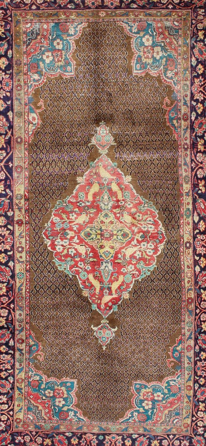 Camel Hair Vintage Persian Serab Rug in Brown, Red, Turquoise and Dark Blue Vintage Serab Persian Rug with Lattice Medallion, rug H - 501 - 48, country of origin / type: Persian / Serab, circa Mid - 20th Century. Measures: 4'10'' x 10'1''. ... - Keivan Woven ArtsH - 501 - 48 - 1237Rug