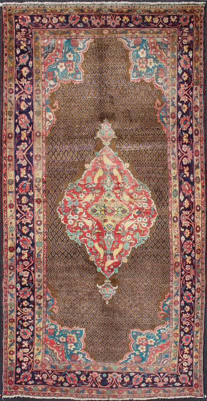 Camel Hair Vintage Persian Serab Rug in Brown, Red, Turquoise and Dark Blue Vintage Serab Persian Rug with Lattice Medallion, rug H - 501 - 48, country of origin / type: Persian / Serab, circa Mid - 20th Century. Measures: 4'10'' x 10'1''. ... - Keivan Woven ArtsH - 501 - 48 - 1237Rug