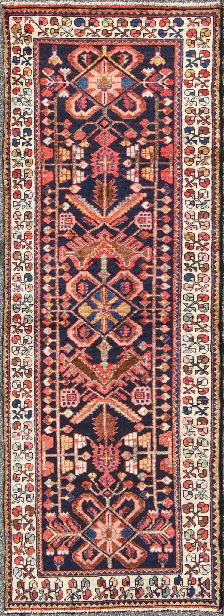 Keivan Woven Arts, H - 501 - 6, 1950's Semi Antique Hamadan Rug. Semi Antique Hamedan rug in midnight blue, red, green and brown, rug h - 501 - 6,/ Hamedan, circa 1950 This Semi Antique Hamadan gallery rug (circa 1950's) features a unique blend of colors an... - Keivan Woven ArtsH - 501 - 6 - 1366Rug