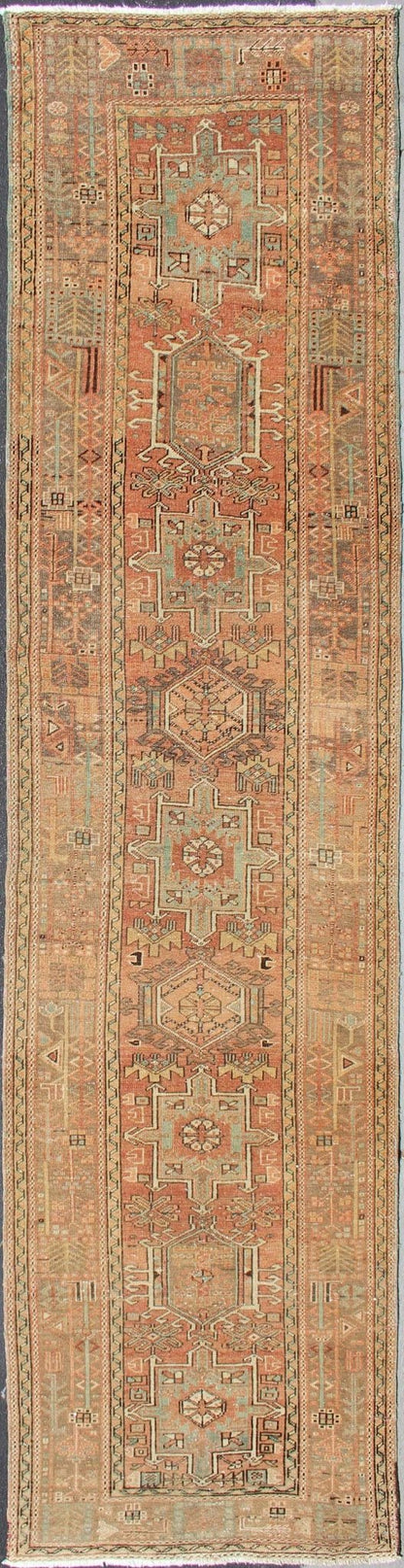 Soft Red or Salmon, Long Persian Heriz Runner with Geometric Medallions kwarugs Multi - Medallion Persian Runner in Geometric Design, rug h - 504 - 09, country of origin / type: Iran / Heriz, circa 1950 This vintage Persian Heriz runner feature... - Keivan Woven ArtsH - 504 - 09 - 10279Rug