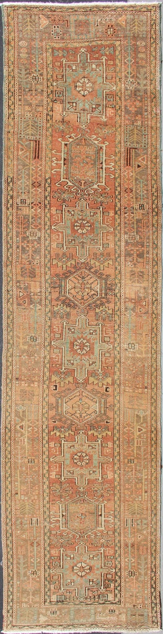 Soft Red or Salmon, Long Persian Heriz Runner with Geometric Medallions kwarugs Multi - Medallion Persian Runner in Geometric Design, rug h - 504 - 09, country of origin / type: Iran / Heriz, circa 1950 This vintage Persian Heriz runner feature... - Keivan Woven ArtsH - 504 - 09 - 10279Rug