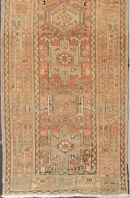 Soft Red or Salmon, Long Persian Heriz Runner with Geometric Medallions kwarugs Multi - Medallion Persian Runner in Geometric Design, rug h - 504 - 09, country of origin / type: Iran / Heriz, circa 1950 This vintage Persian Heriz runner feature... - Keivan Woven ArtsH - 504 - 09 - 10279Rug