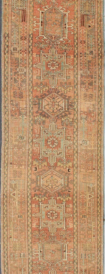 Soft Red or Salmon, Long Persian Heriz Runner with Geometric Medallions kwarugs Multi - Medallion Persian Runner in Geometric Design, rug h - 504 - 09, country of origin / type: Iran / Heriz, circa 1950 This vintage Persian Heriz runner feature... - Keivan Woven ArtsH - 504 - 09 - 10279Rug