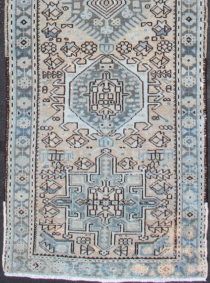 Vintage Persian Karadjeh Short Runner With Geometric Motifs. Karadjeh Vintage Runner with Multi - Medallion Design from Persia, Keivan Woven Arts / rug H - 507 - 24, country of origin / type: Iran / Karadjeh, circa 1950 This Persian Karadjeh from the ... - Keivan Woven ArtsH - 507 - 24 - 1308Rug