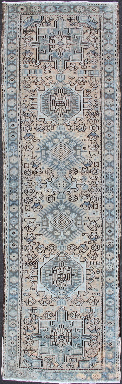 Vintage Persian Karadjeh Short Runner With Geometric Motifs. Karadjeh Vintage Runner with Multi - Medallion Design from Persia, Keivan Woven Arts / rug H - 507 - 24, country of origin / type: Iran / Karadjeh, circa 1950 This Persian Karadjeh from the ... - Keivan Woven ArtsH - 507 - 24 - 1308Rug
