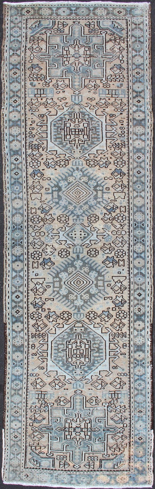 Vintage Persian Karadjeh Short Runner With Geometric Motifs. Karadjeh Vintage Runner with Multi - Medallion Design from Persia, Keivan Woven Arts / rug H - 507 - 24, country of origin / type: Iran / Karadjeh, circa 1950 This Persian Karadjeh from the ... - Keivan Woven ArtsH - 507 - 24 - 1308Rug