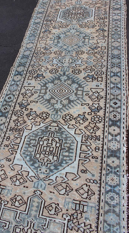 Vintage Persian Karadjeh Short Runner With Geometric Motifs. Karadjeh Vintage Runner with Multi - Medallion Design from Persia, Keivan Woven Arts / rug H - 507 - 24, country of origin / type: Iran / Karadjeh, circa 1950 This Persian Karadjeh from the ... - Keivan Woven ArtsH - 507 - 24 - 1308Rug