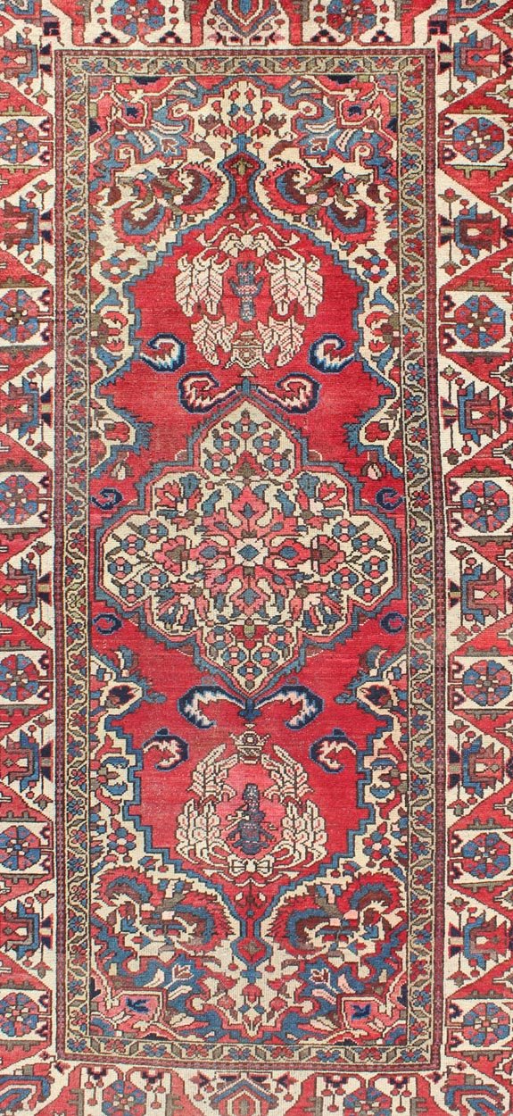 Keivan Woven Arts, H - 508 - 03, 1950's, Vintage Bakhtiari Medallion Rug with Ornate Central Medallion and Rich Red Blue. This vintage multicolored Persian Bakhtiari rug from mid - 20th Century Iran features a red background and central medallion flanked ... - Keivan Woven ArtsH - 508 - 03 - 1255Rug