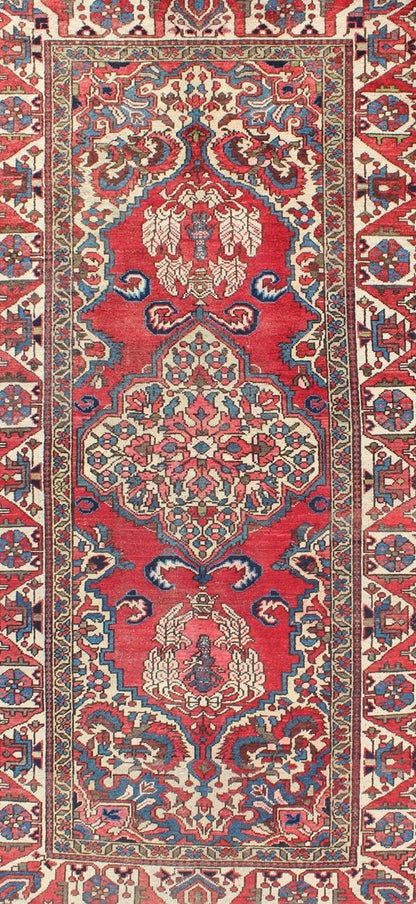 Keivan Woven Arts, H - 508 - 03, 1950's, Vintage Bakhtiari Medallion Rug with Ornate Central Medallion and Rich Red Blue. This vintage multicolored Persian Bakhtiari rug from mid - 20th Century Iran features a red background and central medallion flanked ... - Keivan Woven ArtsH - 508 - 03 - 1255Rug